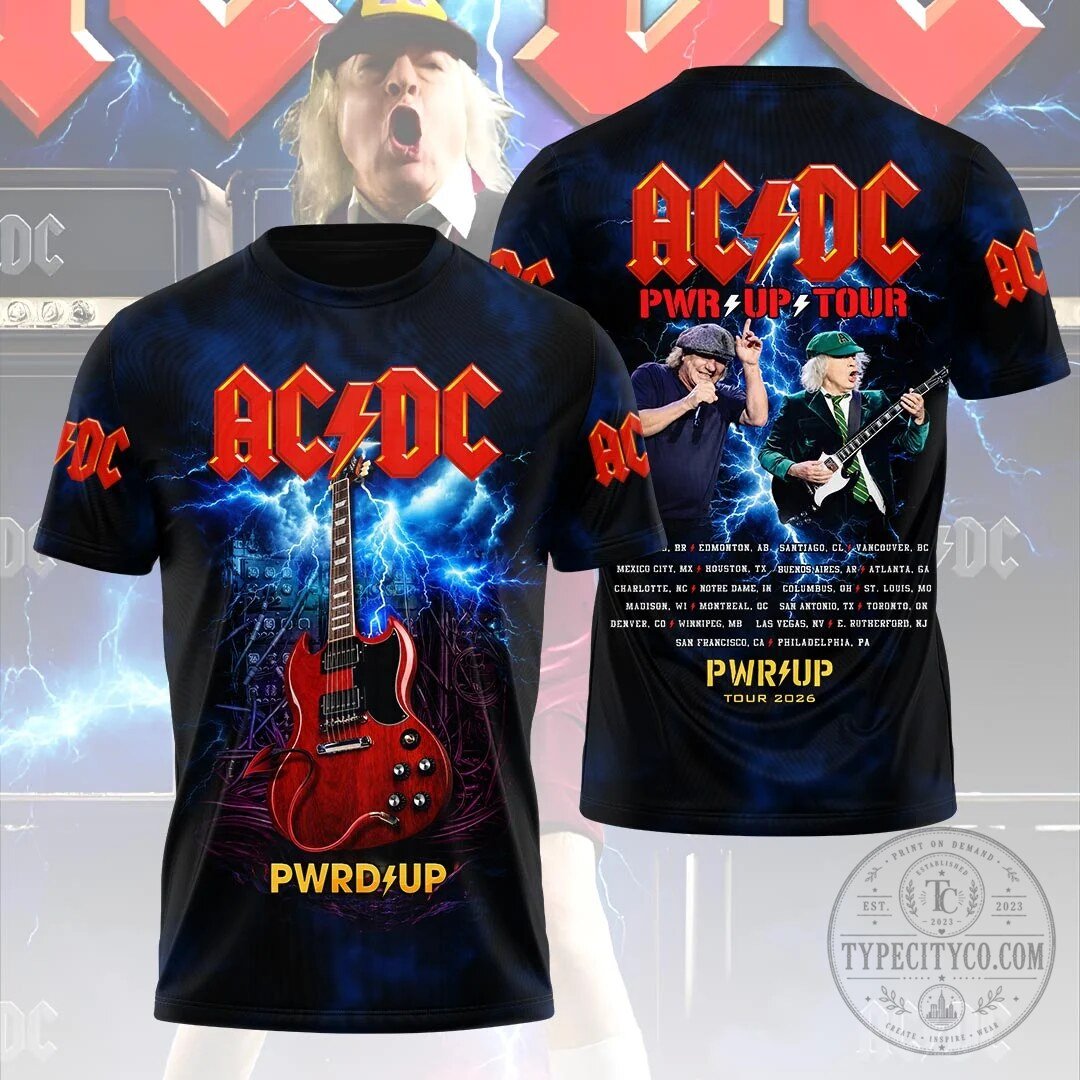 ACDC PWR UP Tour 2026 Rock Band Electric Guitar Lightning T-Shirt