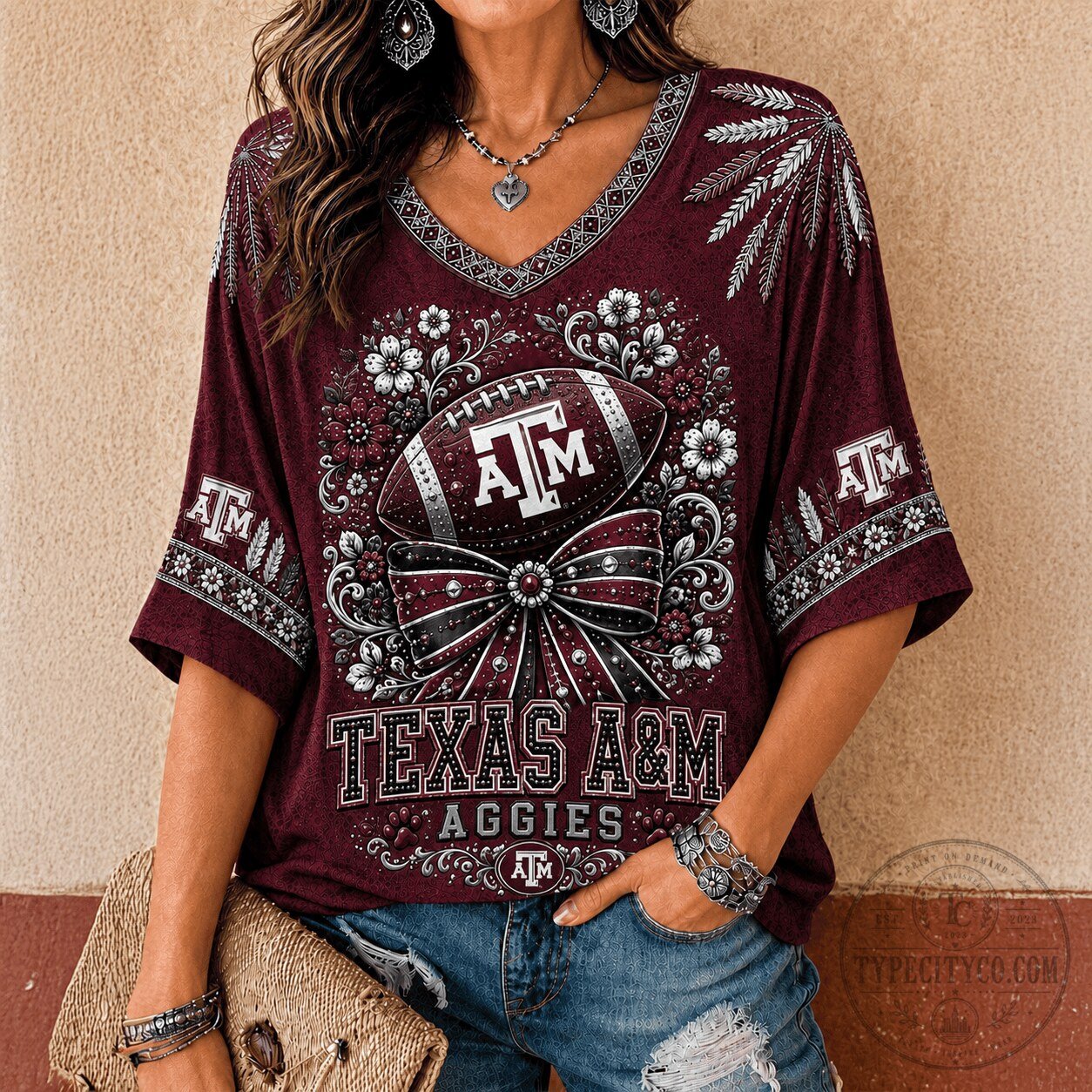 Texas A&M Aggies | Premium NCAA Vintage Floral Bow V-Neck TD 1 Texas A&M Aggies | Premium NCAA Vintage Floral Bow V-Neck TD