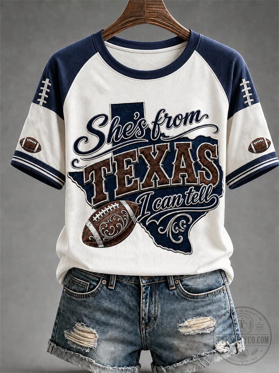 🔥Free Shipping on 3 or More Items📦Women's Retro Football She's From Texas Can Tell Print Raglan Short-Sleeved T-Shirt