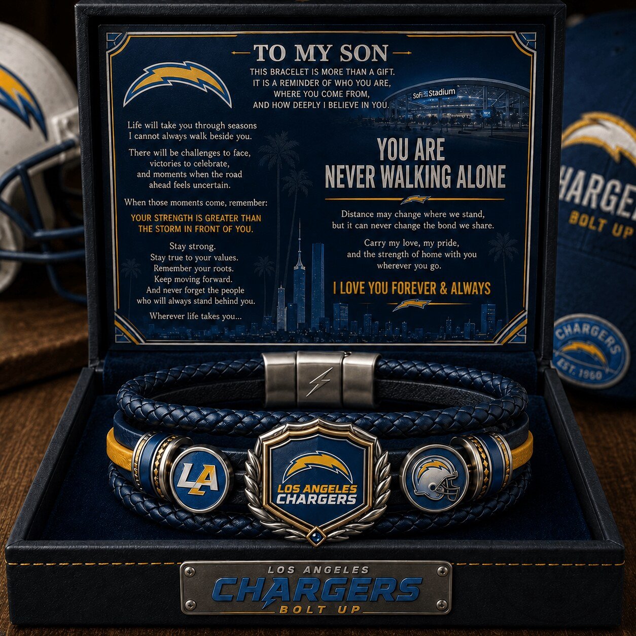 Los Angeles Chargers NFL Braided Leather Bracelet for Son, Football Fan Gift