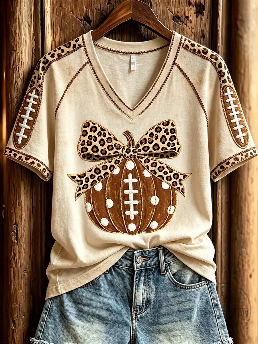 Women's Football Pumpkin Leopard Print V-Neck Short Sleeve T-Shirt