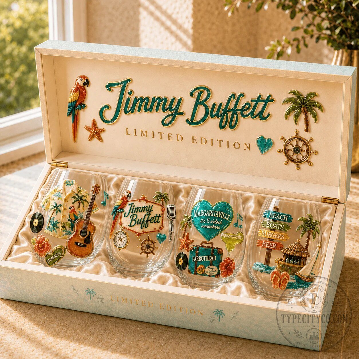 Margaritaville Parrothead Stemless Wine Glass Set by Jimmy Buffett 6 Margaritaville Parrothead Stemless Wine Glass Set by Jimmy Buffett