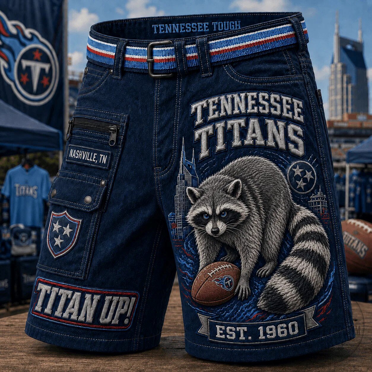 Tennessee Titans Raccoon Mascot Football Fan Denim Shorts