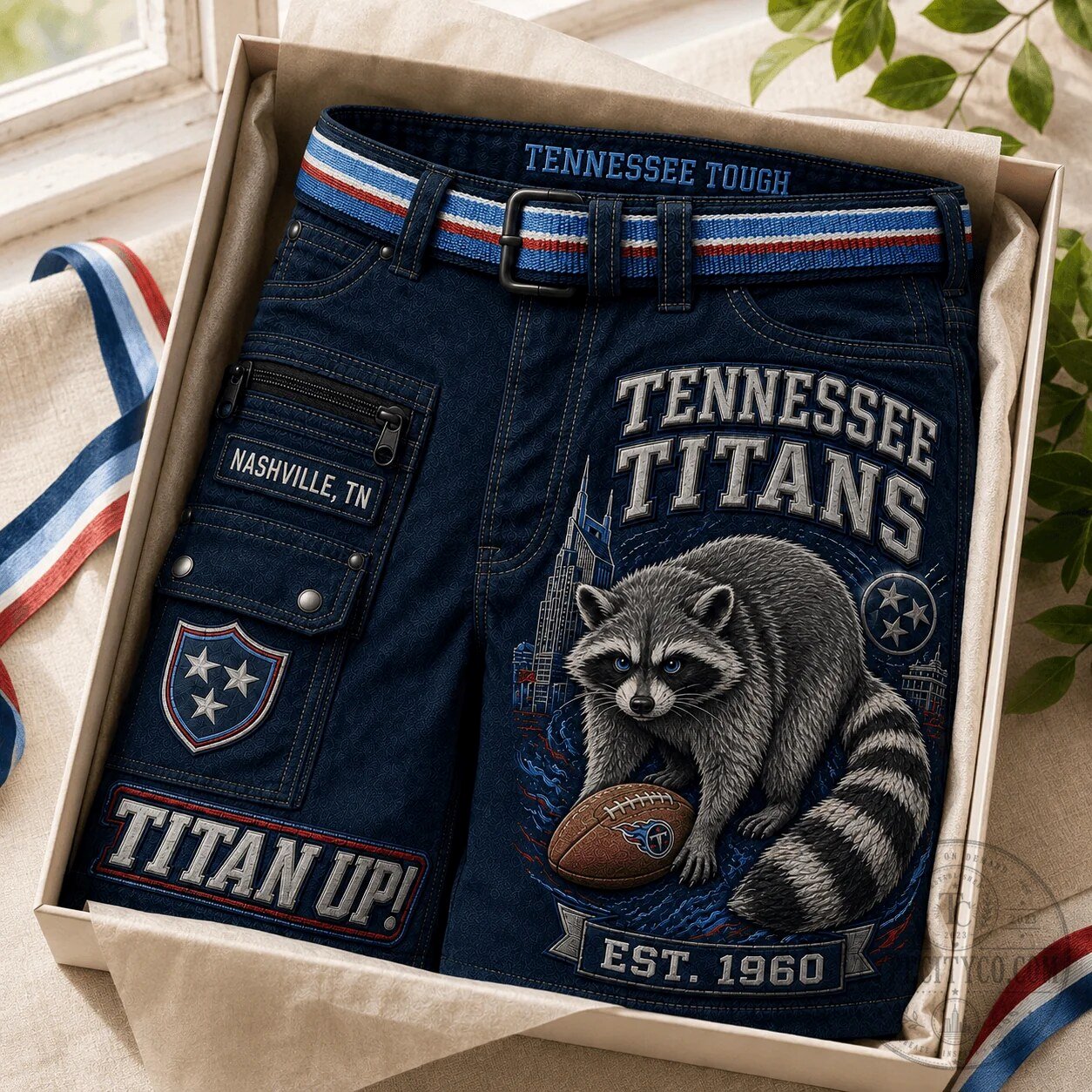 Tennessee Titans Raccoon Mascot Football Fan Denim Shorts 6 Tennessee Titans Raccoon Mascot Football Fan Denim Shorts
