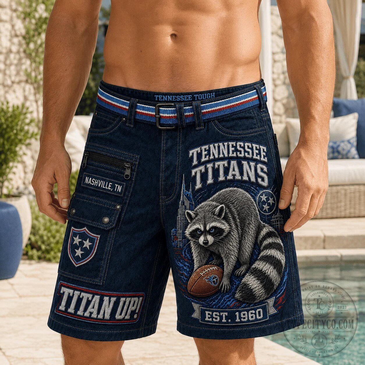 Tennessee Titans Raccoon Mascot Football Fan Denim Shorts 7 Tennessee Titans Raccoon Mascot Football Fan Denim Shorts