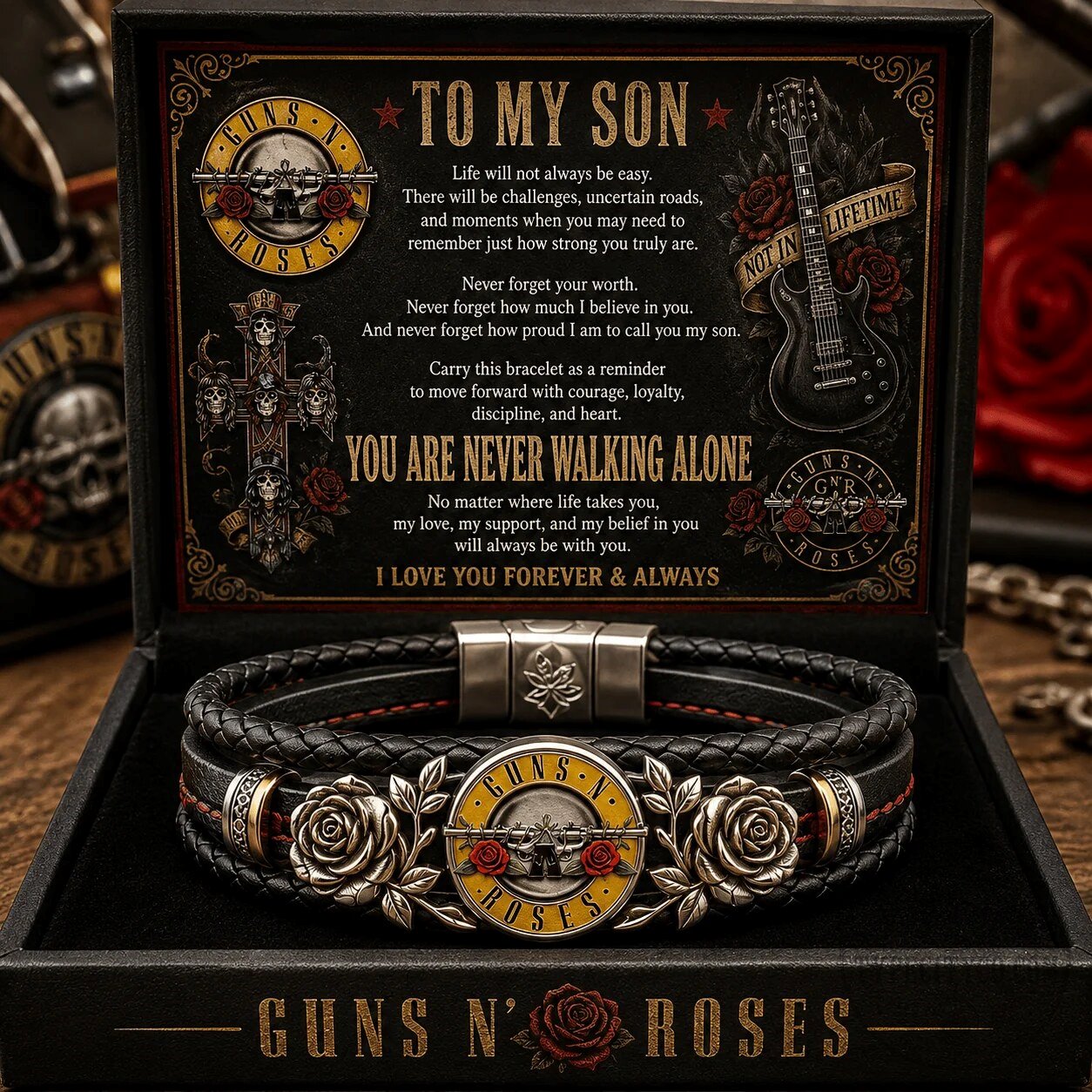 Guns N' Roses To My Son Braided Leather Bracelet with Rose Charms