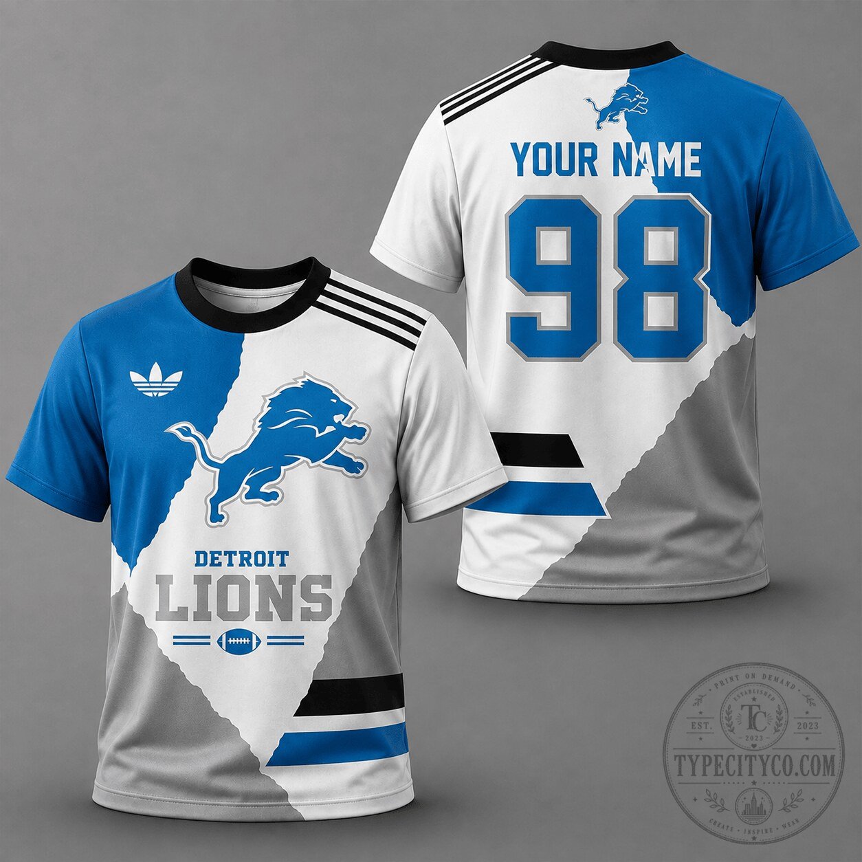 Detroit Lions Football Team Blue White Gray Split Color Custom Name Number T-Shirt