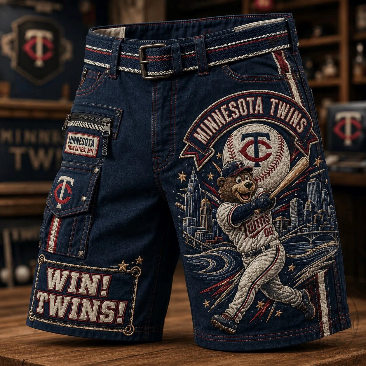 Minnesota Twins Baseball Mascot Cityscape Graphic Denim Shorts 3 Minnesota Twins Baseball Mascot Cityscape Graphic Denim Shorts