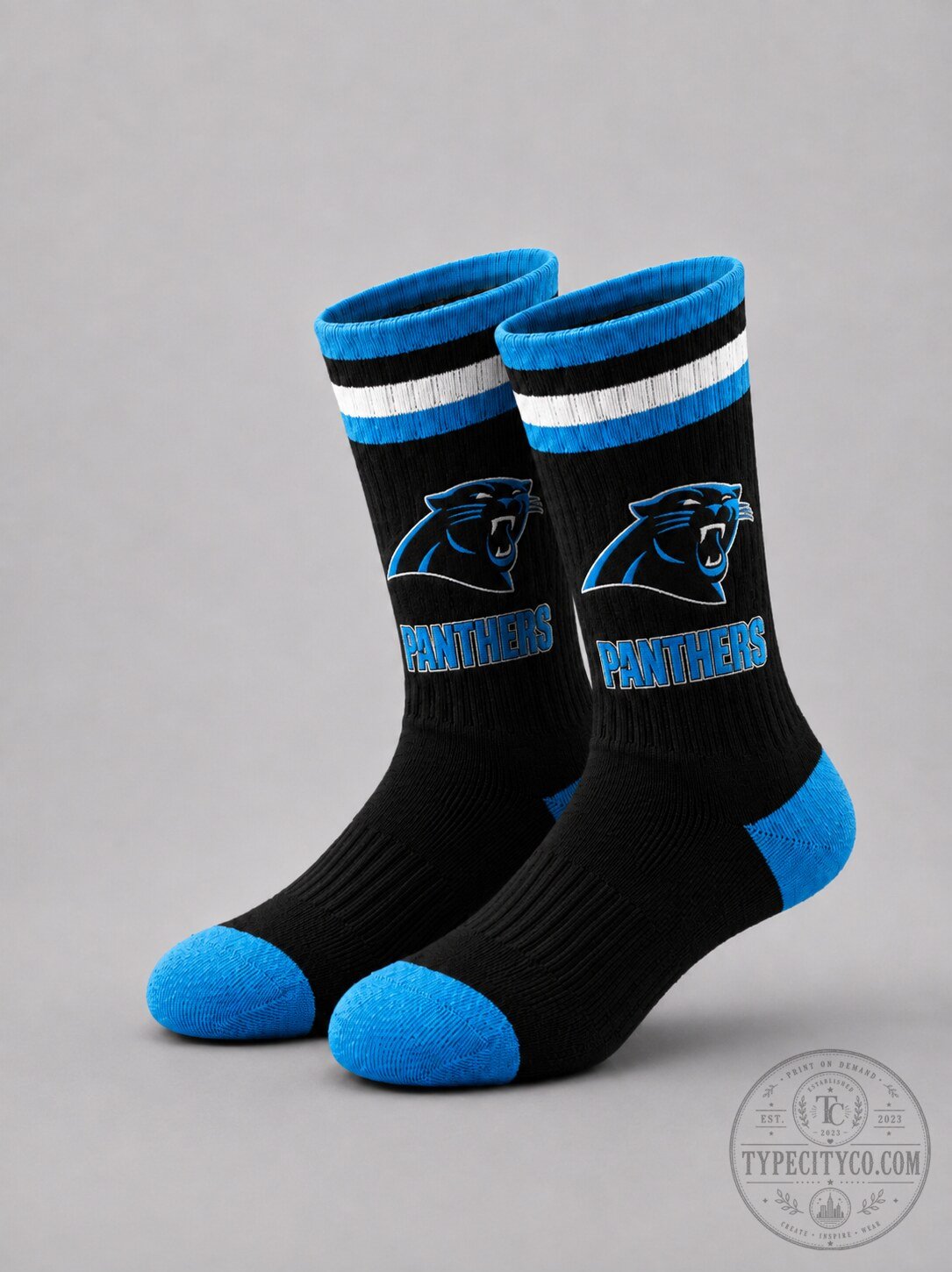 Carolina Panthers NFL Football Team Logo Black and Blue Athletic Socks