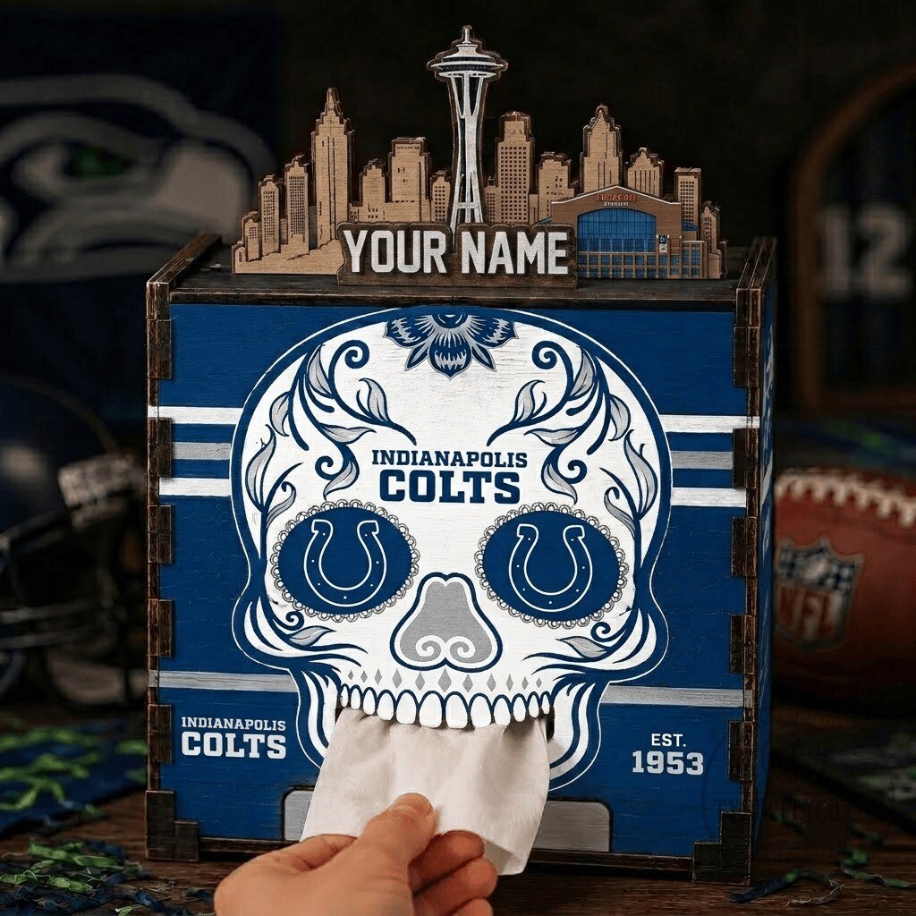 Indianapolis Colts Sugar Skull Personalized Wooden Tissue Box Holder