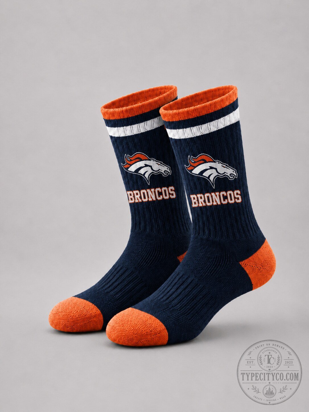 Denver Broncos Football Team Logo Navy Blue and Orange Athletic Socks