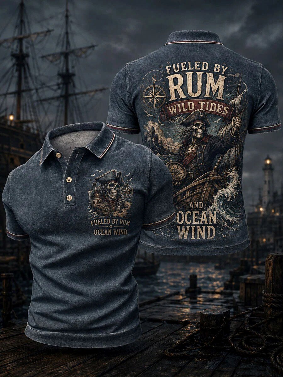 Pirate Skull Fueled By Rum Wild Tides And Ocean Wind Men's Polo Shirt