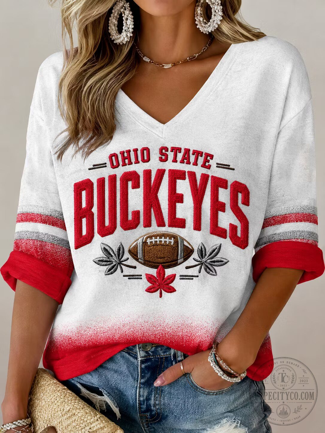 Women's V-Neck T-Shirt featuring the Ohio State Buckeyes Football Team