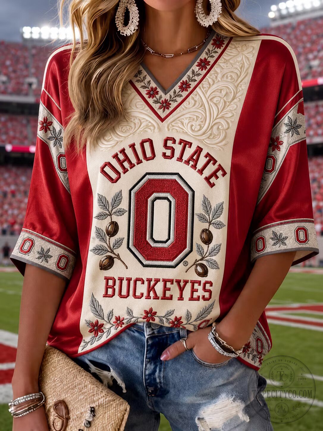 Ohio State Buckeyes Football Team Fan Embroidered V-Neck T-Shirt