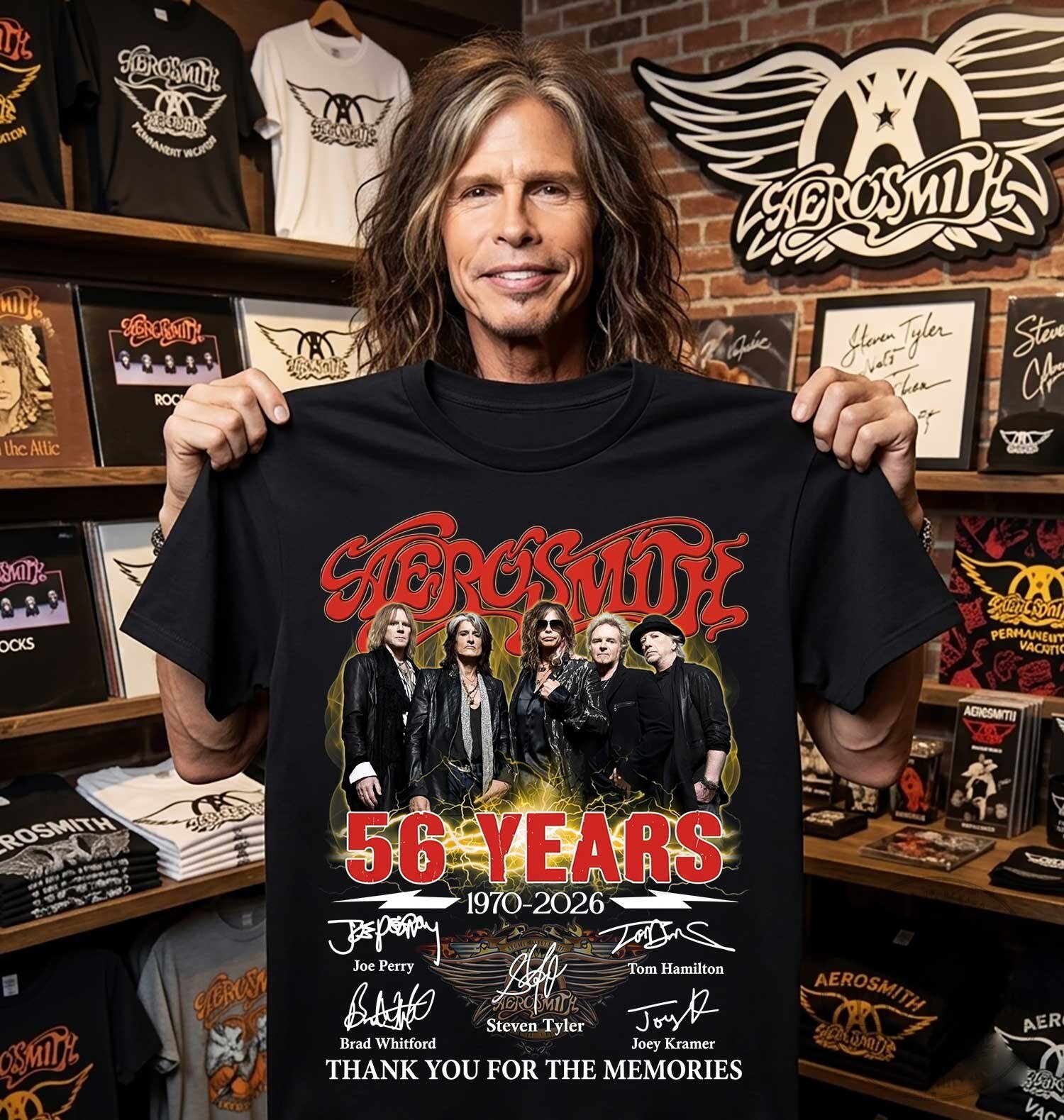 Aerosmith 56 Years 1970-2026 Band Signatures Thank You For The Memories T-Shirt