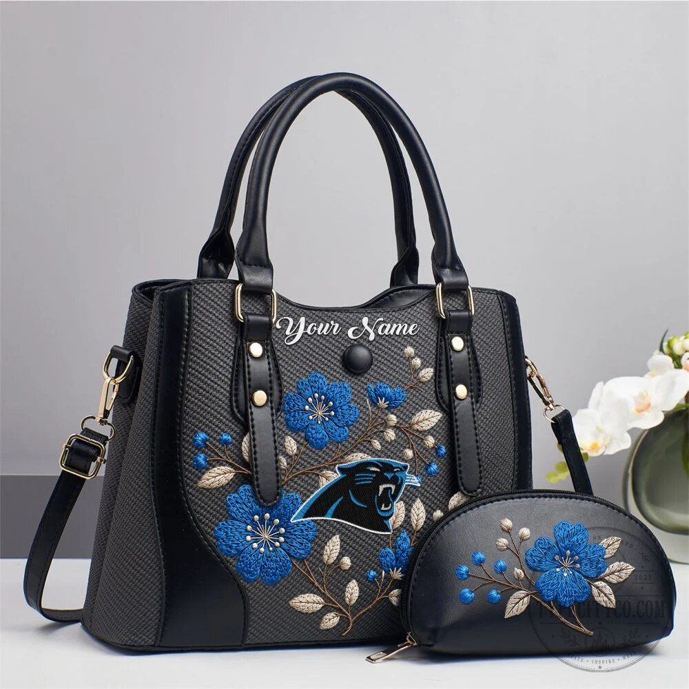Carolina Panthers Embroidered Floral Personalized Handbag Purse Set