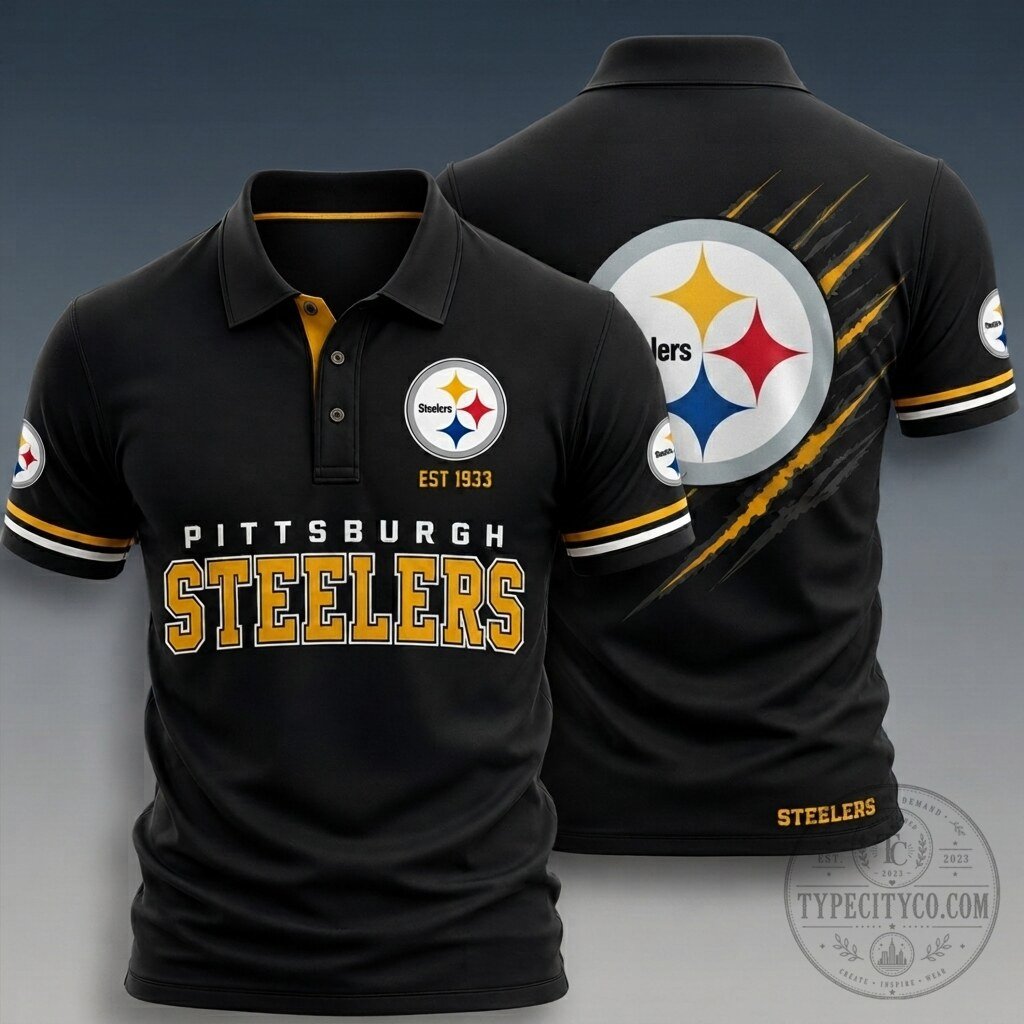 Black Polo Shirt featuring the Pittsburgh Steelers Football Team Logo