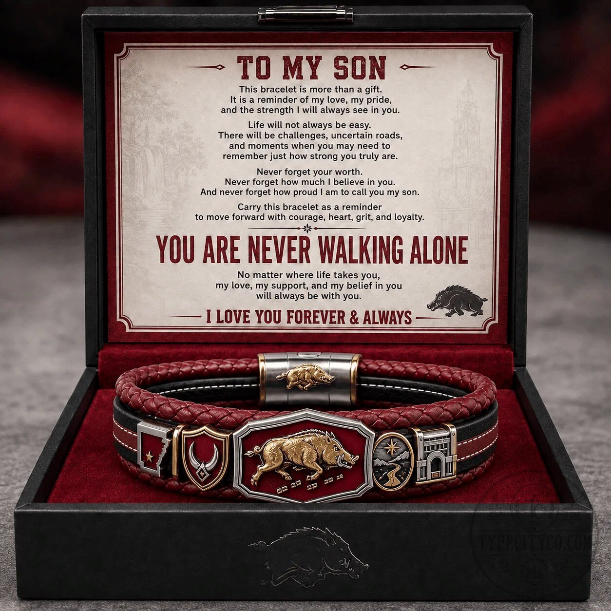 To My Son You Are Never Walking Alone Wild Boar Leather Bracelet