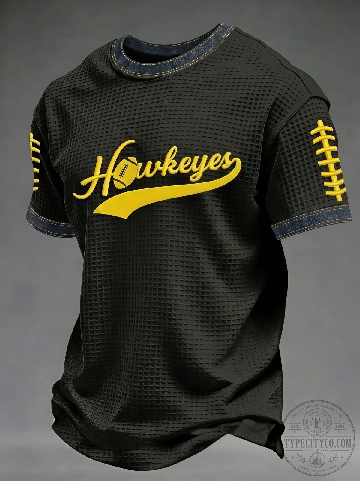 Iowa Hawkeyes Football Team Fan Black Waffle Knit Short Sleeve T-Shirt