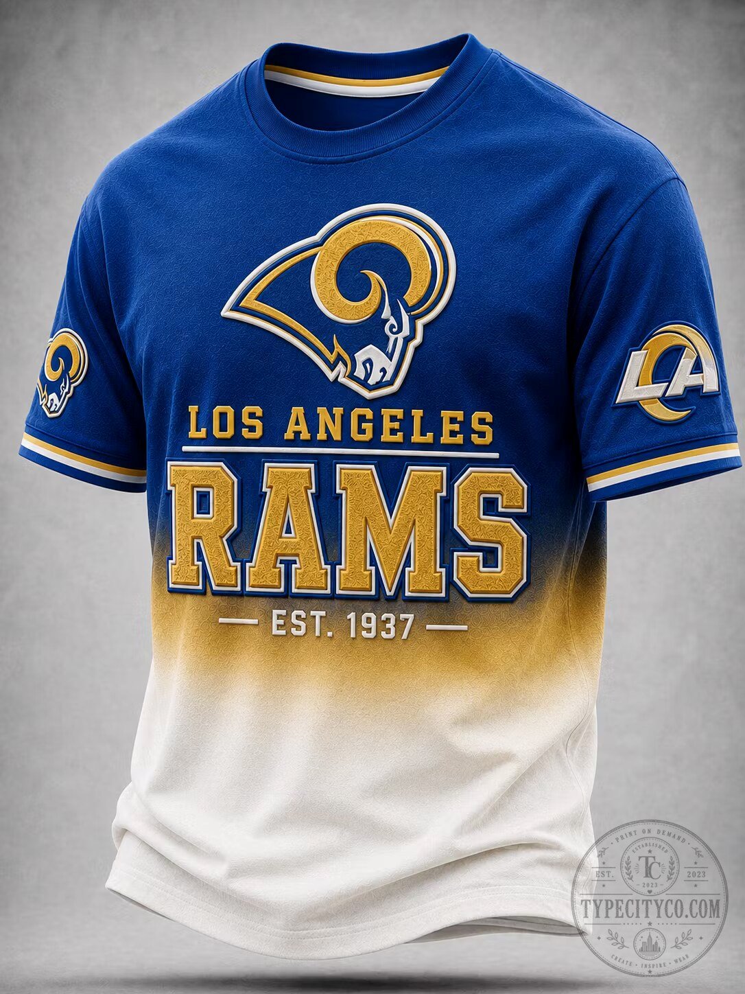 Los Angeles Rams Football Team Gradient Blue and Gold Fan T-Shirt