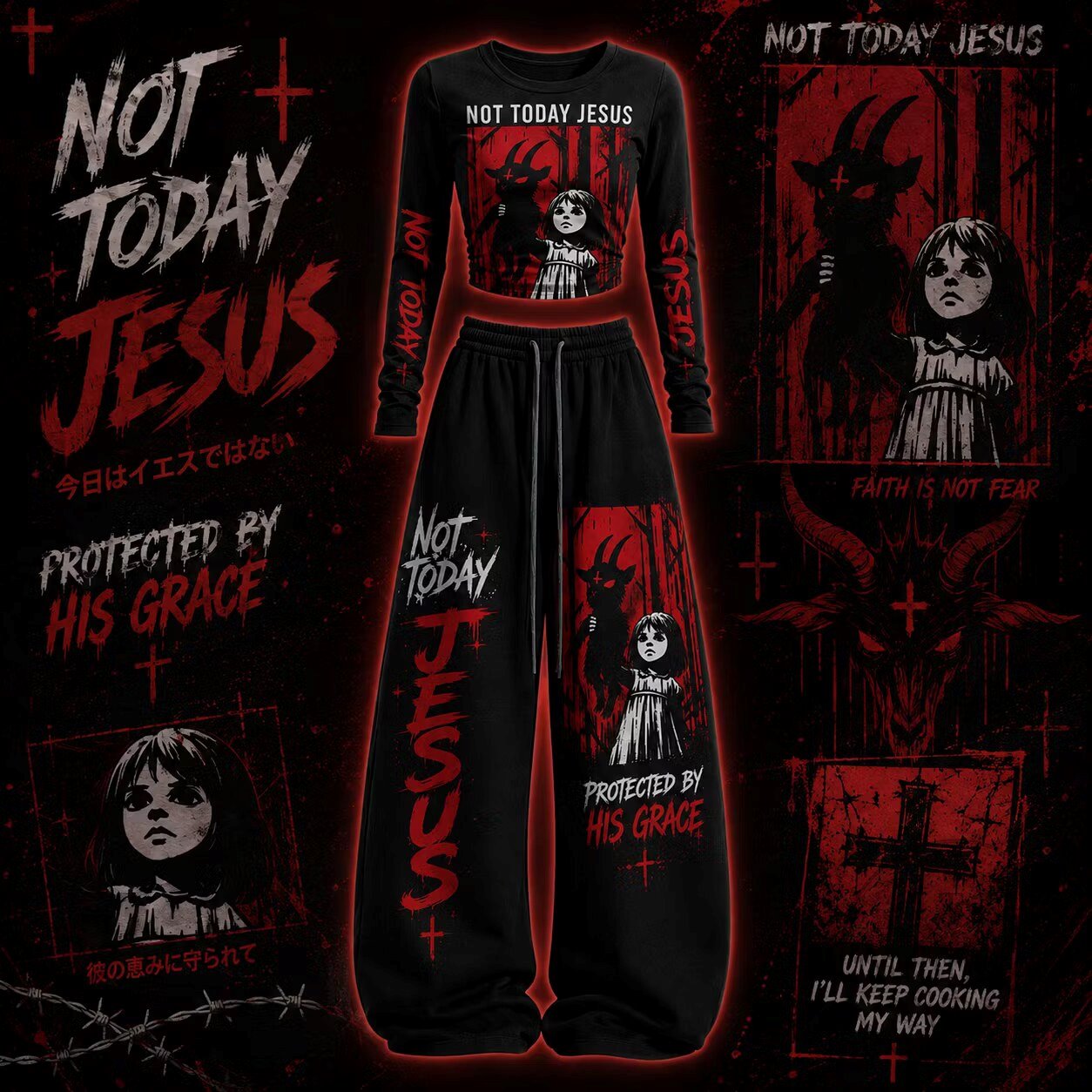 Not Today Jesus Protected By His Grace Long-Sleeve Crop Top and Pants Set
