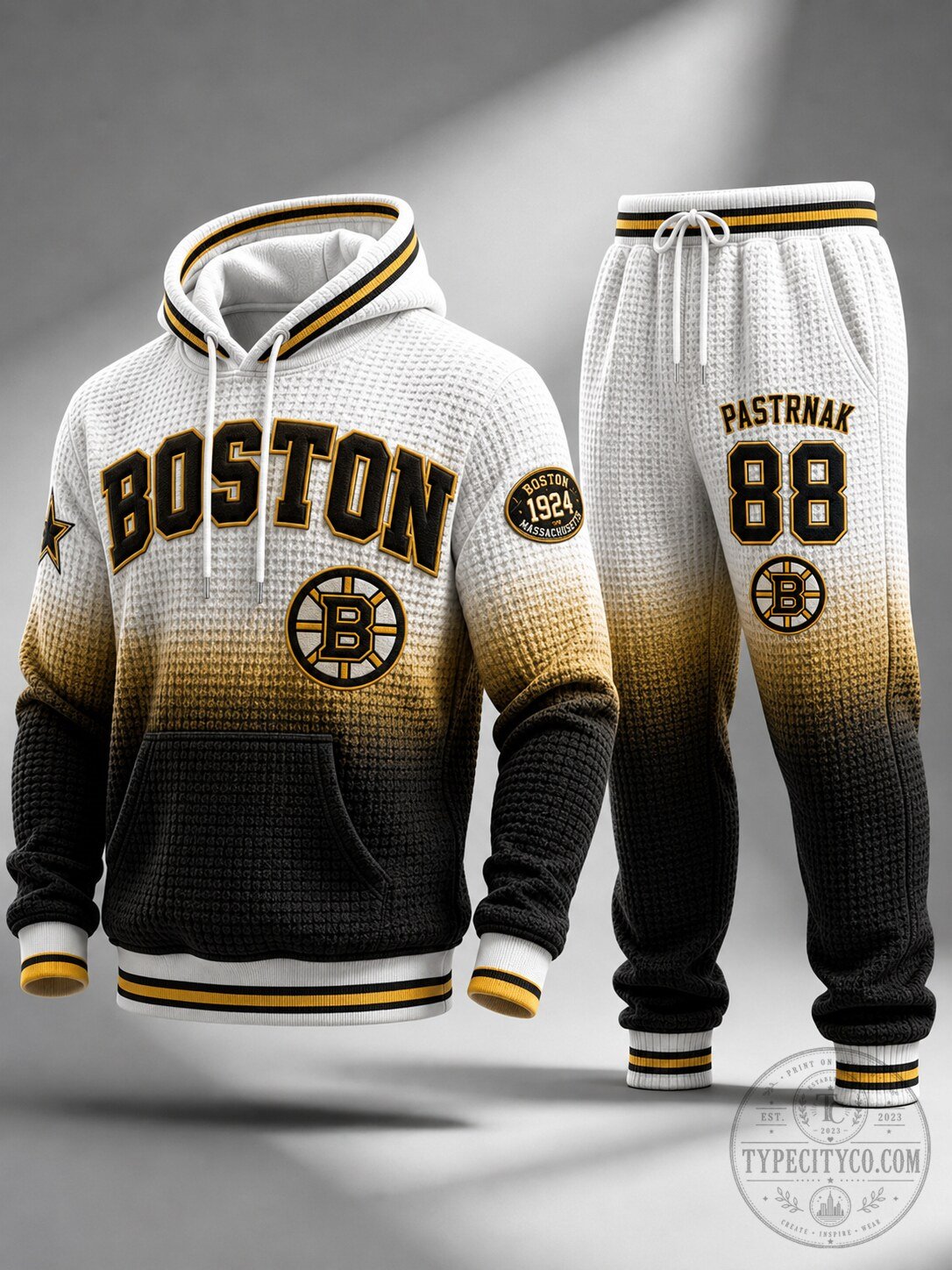 Boston Bruins David Pastrnak Number 88 Gradient Waffle Knit Hoodie and Jogger Set 3 Boston Bruins David Pastrnak Number 88 Gradient Waffle Knit Hoodie and Jogger Set