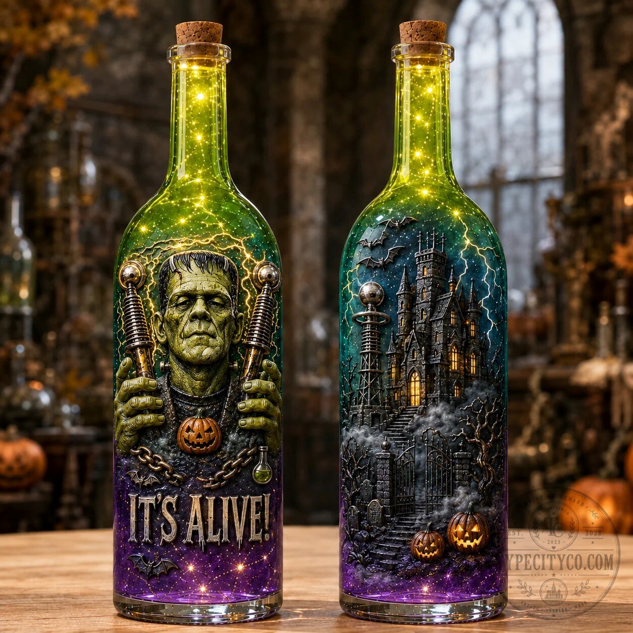Frankenstein's Monster Halloween Decor Bottle Lamp with Castle Design