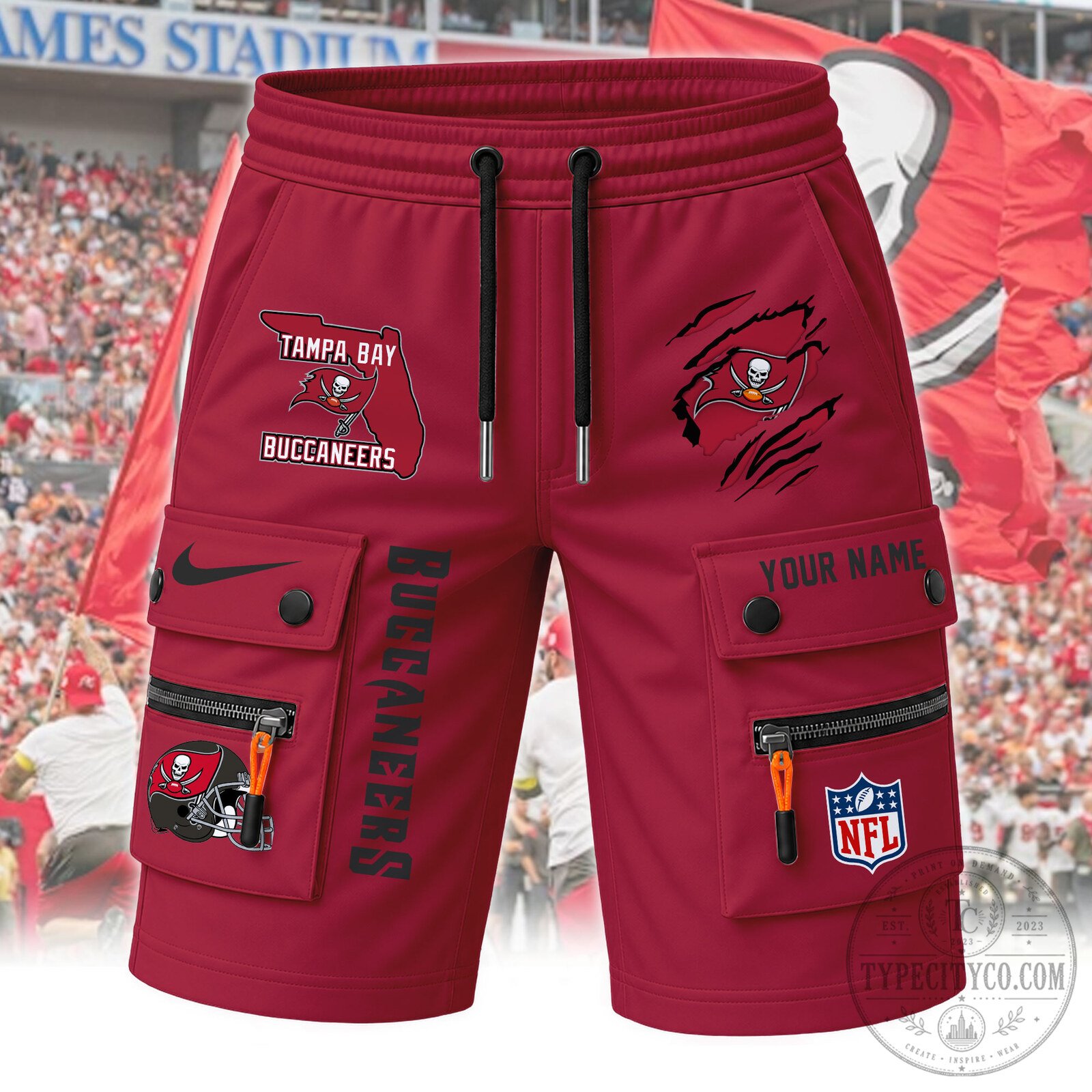 Tampa Bay Buccaneers NFL Football Team Red Custom Name Cargo Shorts