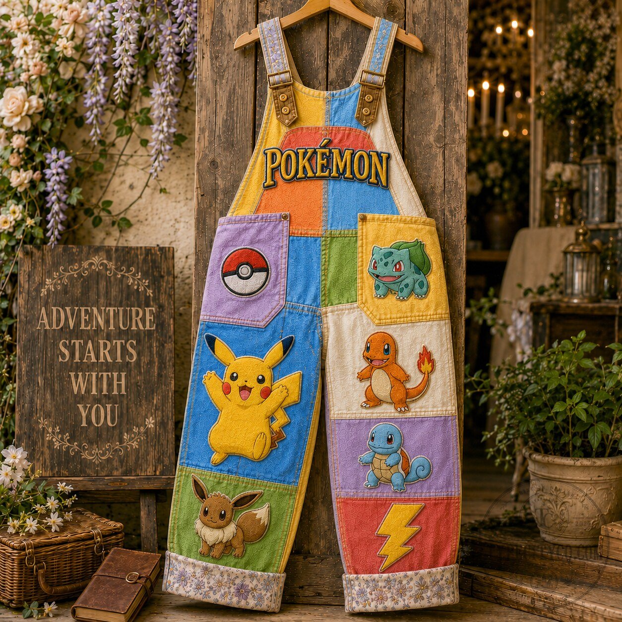 Pokemon Pikachu Charmander Squirtle Eevee Patchwork Overall Romper