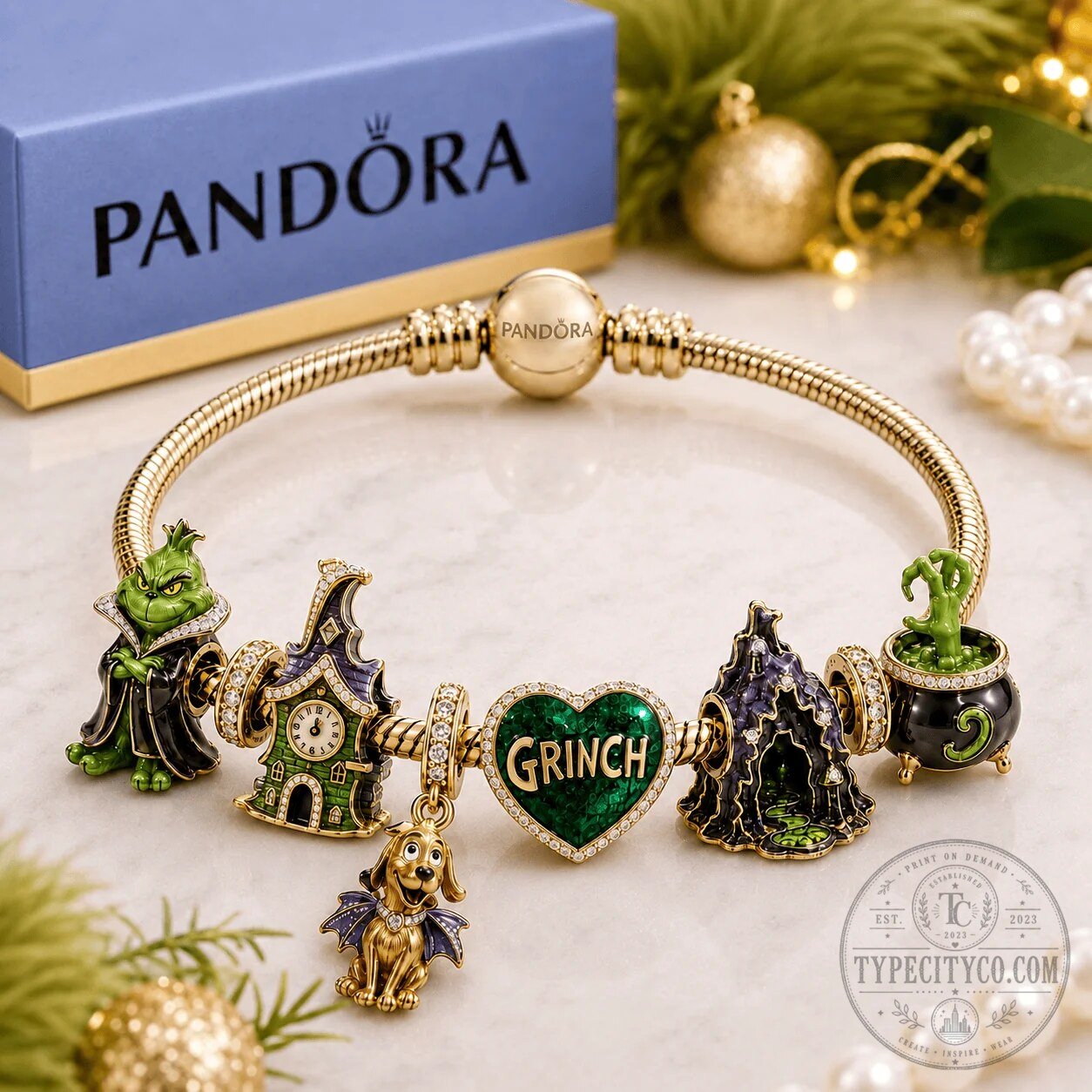 The Grinch Christmas Charm Bracelet with Gold Plated Snake Chain