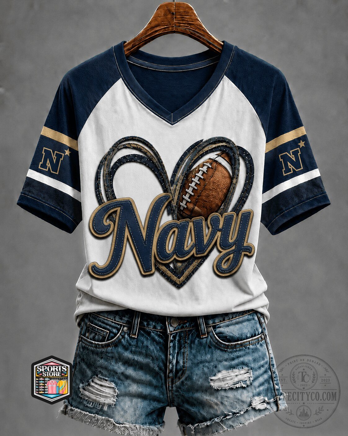 Navy Midshipmen Football Heart Design Women's V-Neck T-Shirt 1 Navy Midshipmen Football Heart Design Women's V-Neck T-Shirt
