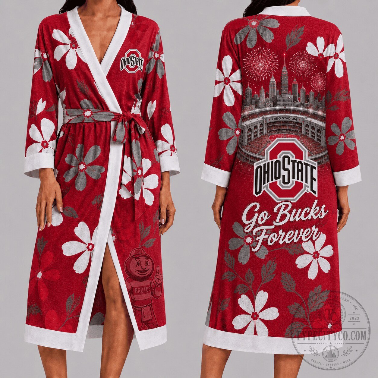 Ohio State Buckeyes Floral Pattern Red Kimono Bathrobe
