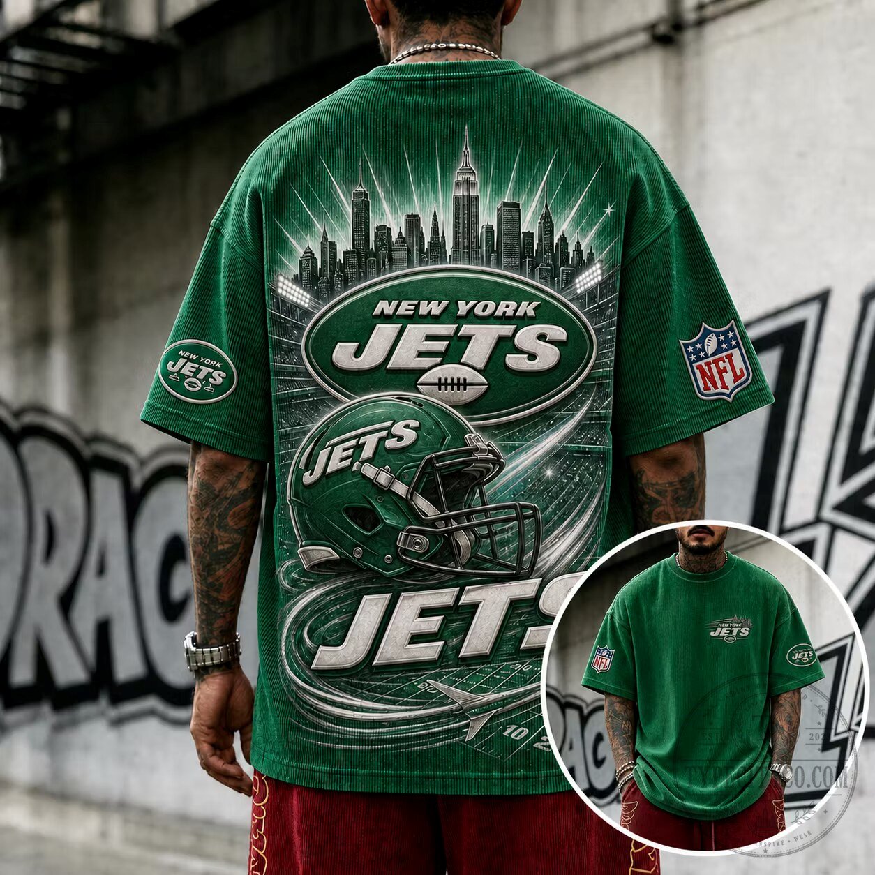 New York Jets Football Team Skyline Green Corduroy T-Shirt