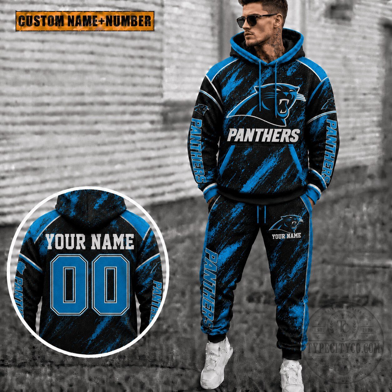 Carolina Panthers Personalized Name and Number Black and Blue Hoodie and Sweatpants Set