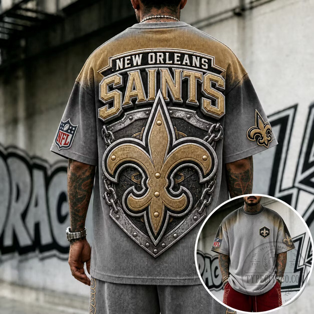 New Orleans Saints Fleur-de-lis NFL Football Team Gray Oversized T-Shirt