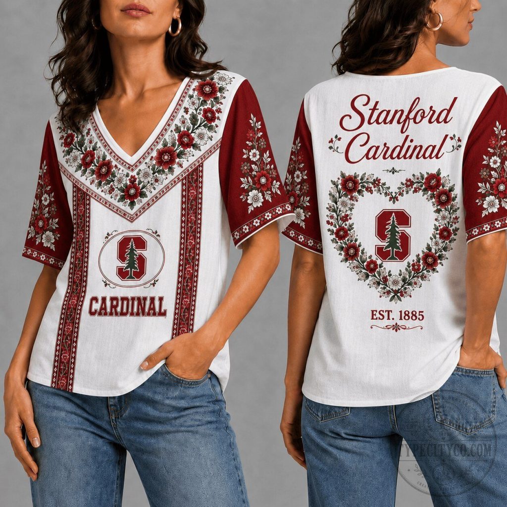 Stanford Cardinal Women's Floral V-Neck Vintage Short Sleeve T-Shirt