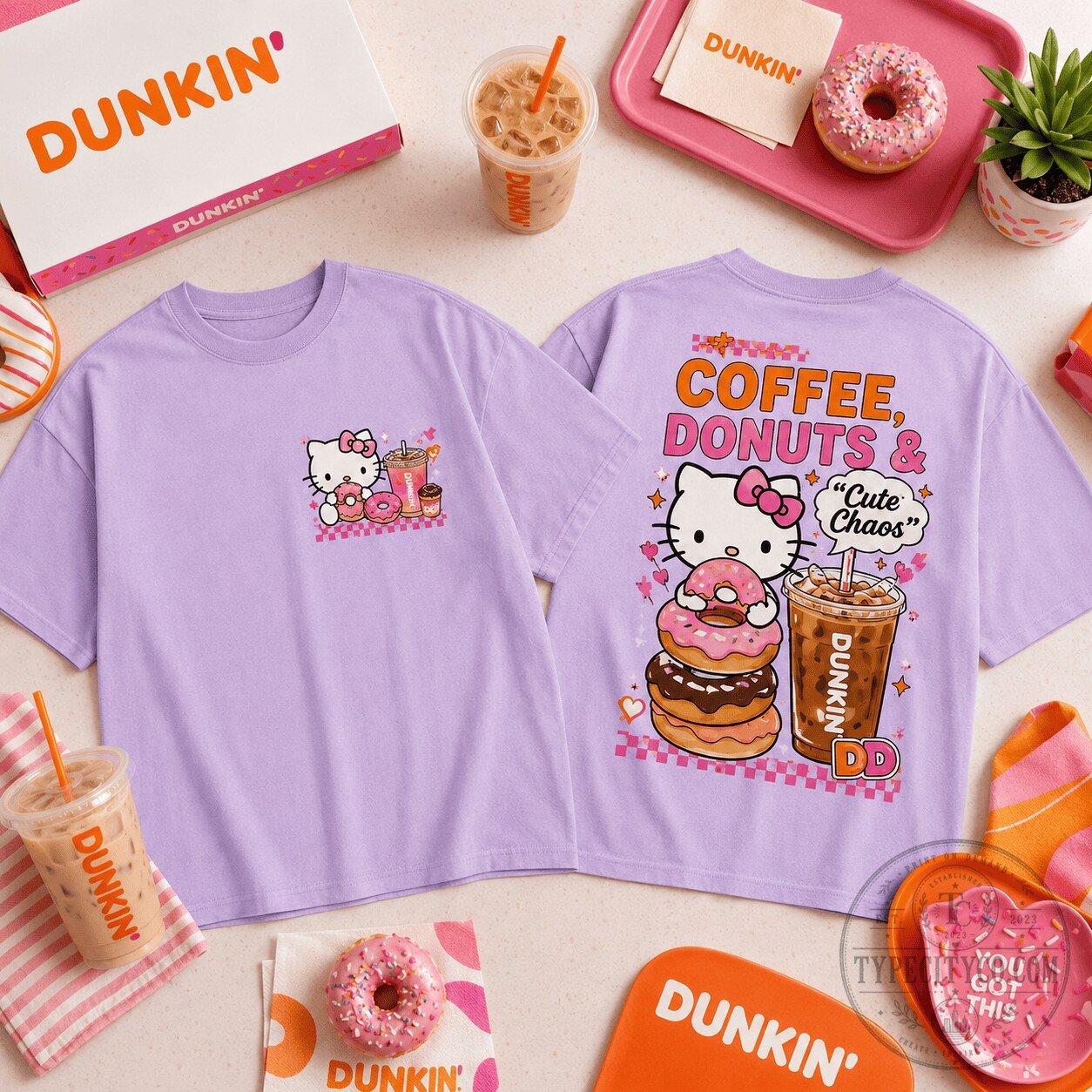 Hello Kitty and Dunkin' Coffee Donuts Cute Chaos Purple T-Shirt