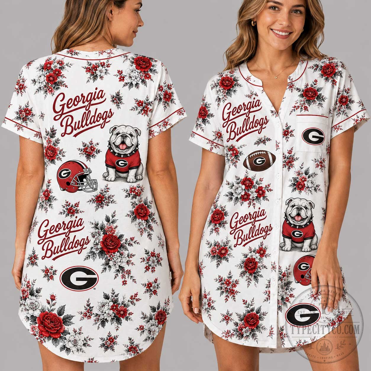 Georgia Bulldogs Floral Pattern Women's Short Sleeve Nightshirt
