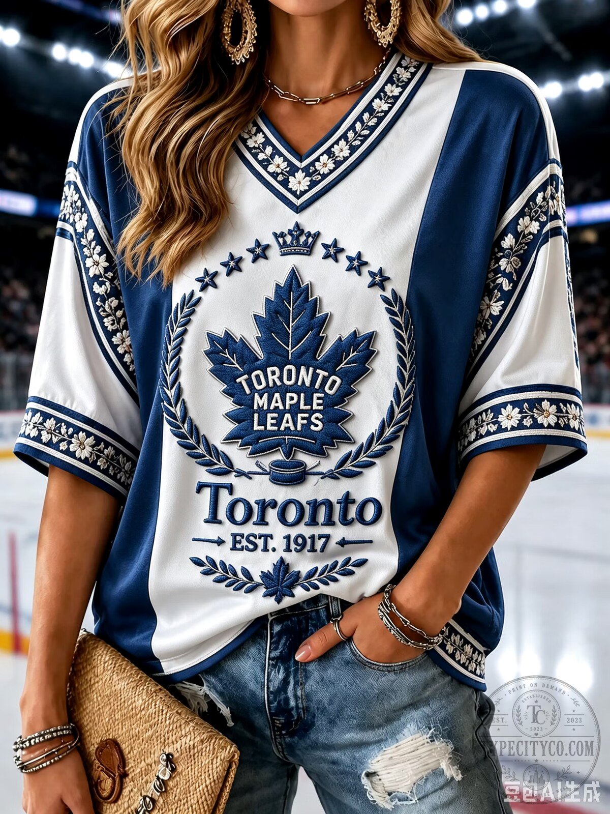 Toronto Maple Leafs Ice Hockey Fan Blue and White V-Neck Jersey