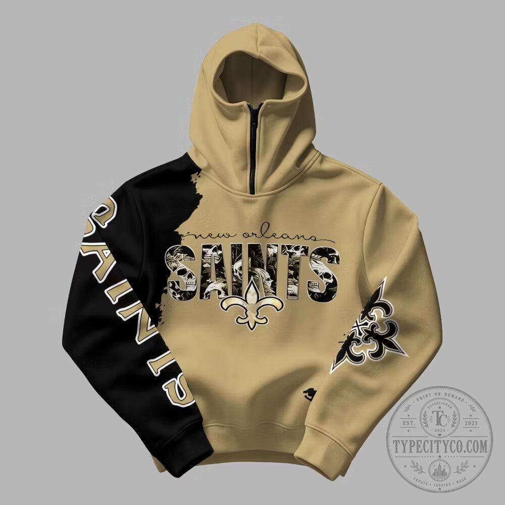 New Orleans Saints Skull Print Tan and Black Quarter Zip Hoodie