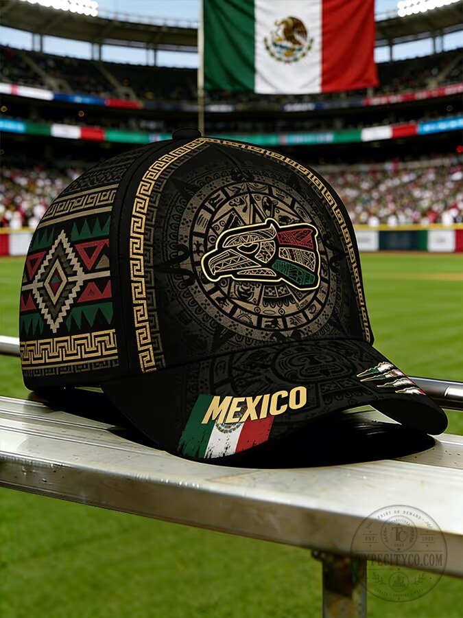Mexico Aztec Calendar Eagle Flag Pattern Baseball Cap Hat