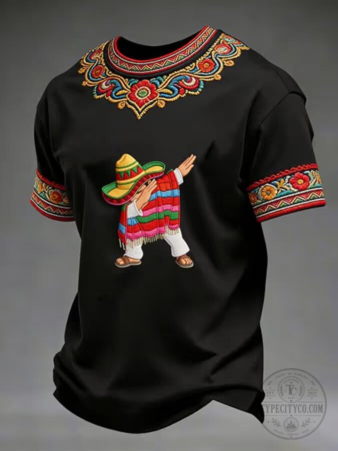 Cinco de Mayo Fiesta Skeleton Dabbing Sombrero Mexican Embroidered T-Shirt