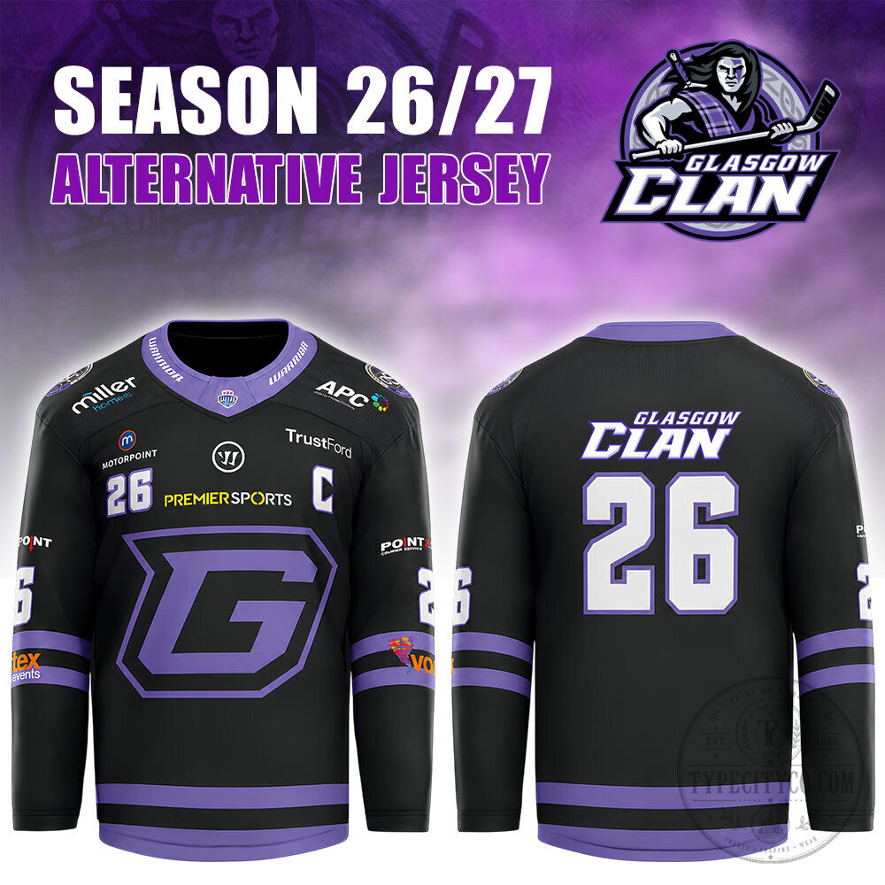 Glasgow Clan Ice Hockey Team Black and Purple Alternative Jersey