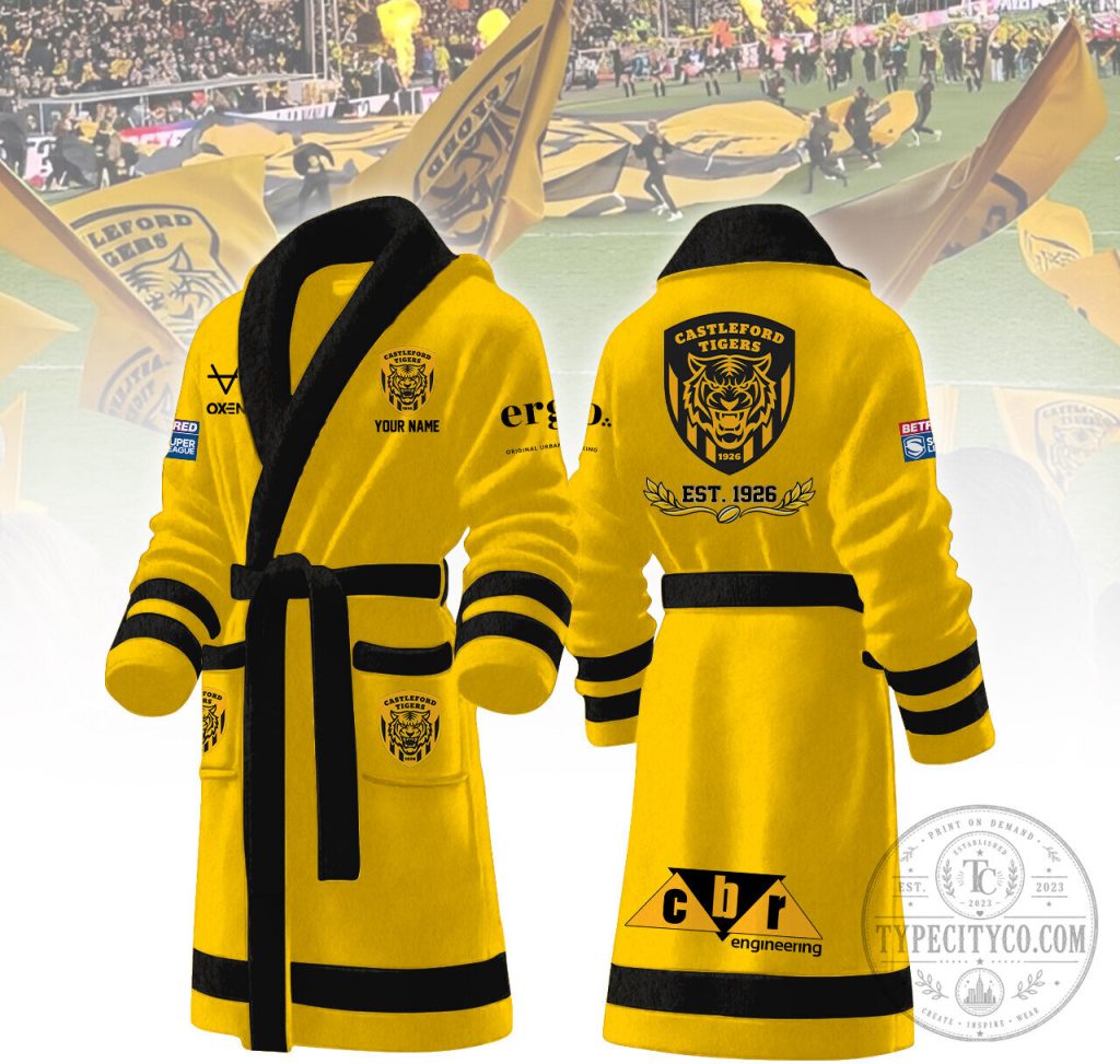 Castleford Tigers Rugby League Football Club Personalized Yellow Fleece Bathrobe Castleford Tigers Rugby League Football Club Personalized Yellow Fleece Bathrobe