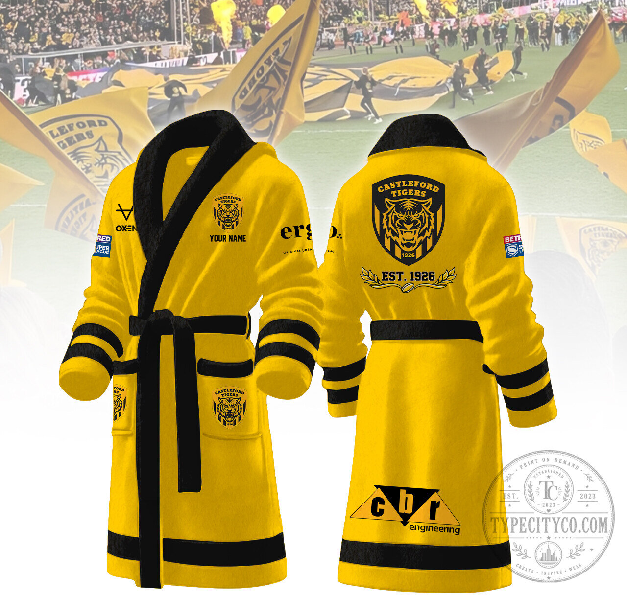 Castleford Tigers Rugby League Football Club Personalized Yellow Fleece Bathrobe