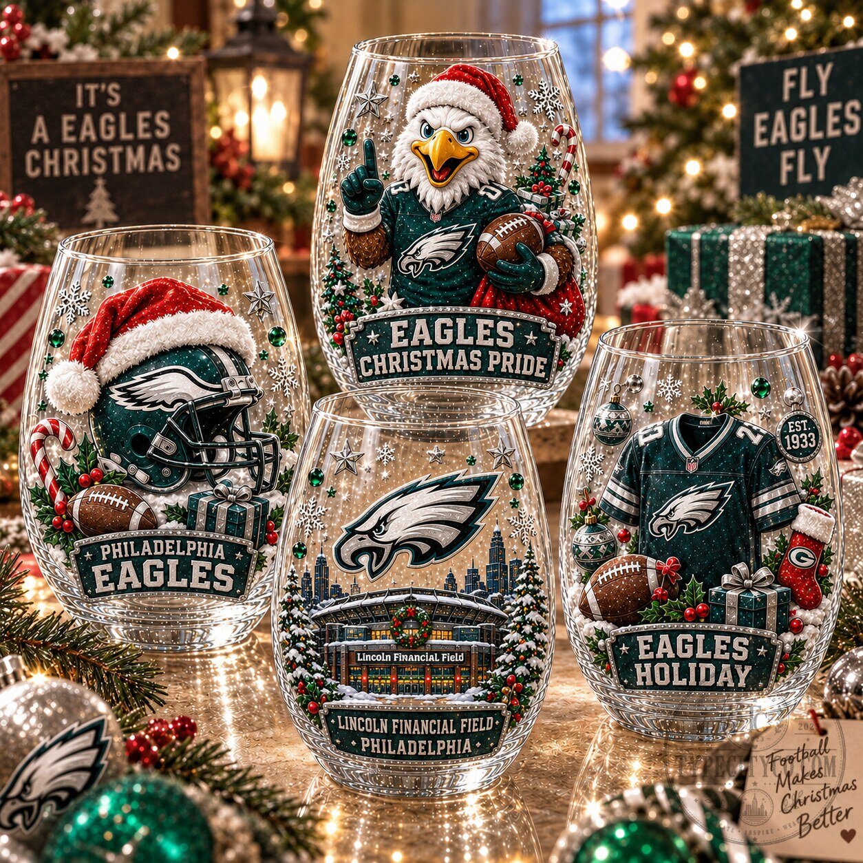 Philadelphia Eagles Christmas Stemless Wine Glass Set of Four Holiday Fan Gift