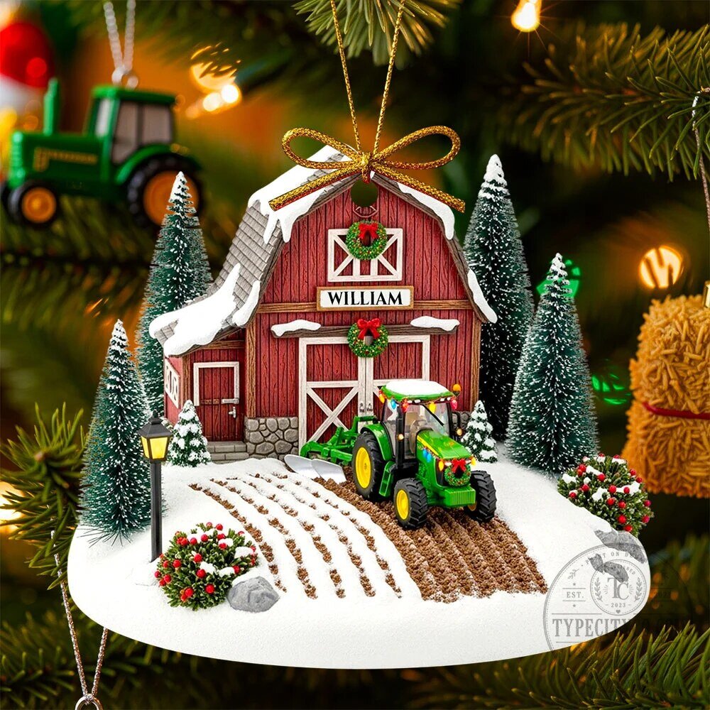 Farmers Personalized Christmas Barn Tractor Ornament
