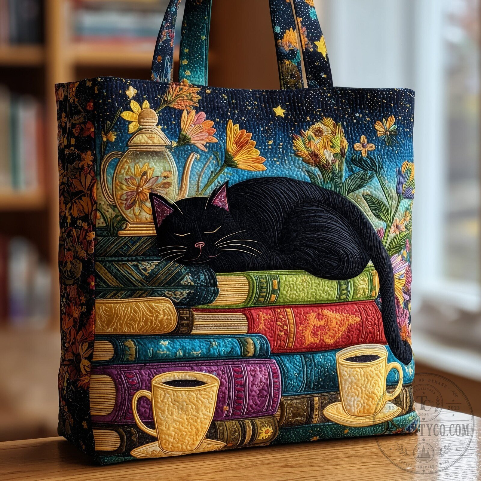 Sleeping Black Cat on Bookshelf Quilted Tote Bag with Floral Design