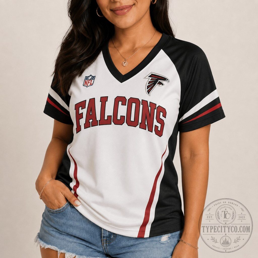 Atlanta Falcons NFL Fan Shirt Women's Black and White V-Neck Short Sleeve T-Shirt 14 Atlanta Falcons NFL Fan Shirt Women's Black and White V-Neck Short Sleeve T-Shirt