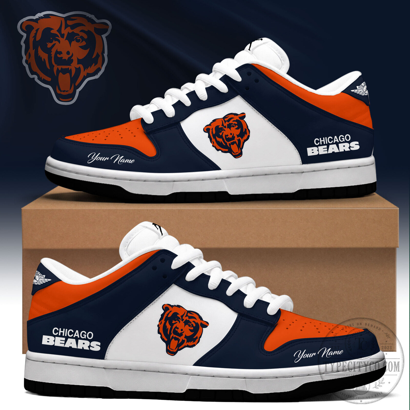 Custom Name Low Top Sneakers featuring Chicago Bears NFL Team Logo